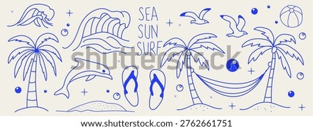 Hand drawn summer beach doodle set. Collection of vacation elements including palm trees, ocean waves, dolphin, seagull, flip flops, hammock and beach ball.