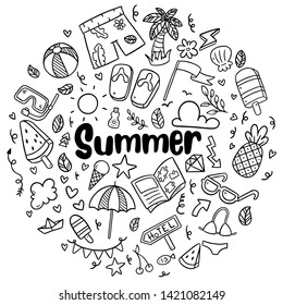 hand drawn summer beach doodles isolated vector symbols and objects Icon Set on chalkboard.