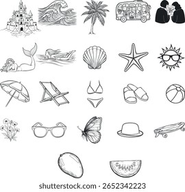Hand drawn summer beach elements bundle. summer tropical beach symbols. Monochromatic art summer icons. summer season design collection
