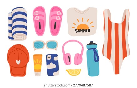 Hand drawn summer beach essentials set, swimsuit, sandals, towel, sunscreen, cap, sunglasses, headphones, water bottle, lifestyle accessories