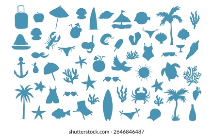 Hand drawn summer beach icon set in simple flat silhouette style. Includes tropical elements like palm trees, swimsuits, fruits, sea animals, cocktails, and sun symbols. Perfect for vacation designs