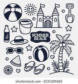 hand drawn summer beach icons collection