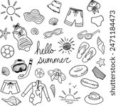 Hand drawn summer beach item doodles. Fun cartoon object illustrations in vector. 