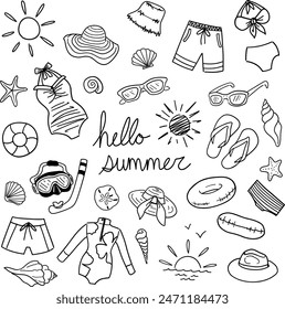 Handgezeichnete Sommerstrandartikel Doodles. Lustige Cartoon-Objekt-Illustrationen in der Vektorgrafik. 