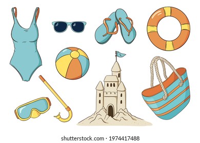 Hand Drawn Summer Beach Leisure Isolated Items Collection. Snorkel goggles, swimsuit, swimming ring, beach ball, flip flops, beach bag, sand castle and sunglasses vector illustrations