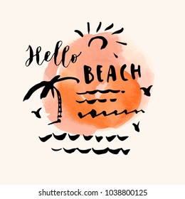 Hand drawn Summer Beach Party greeting card on a watercolor spot. Vector illustration