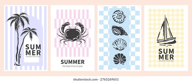 Hand drawn summer beach, sea, yacht, palm trees, shells and crab vector illustration set. Mediterranean elements. Trendy summer design poster for ads, print, decor.
