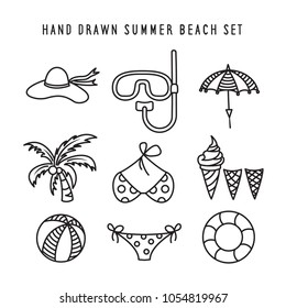 Hand drawn summer beach set. Doodle style summer related design elements collection for prints, posters, decoration needs. Vector illustration.
