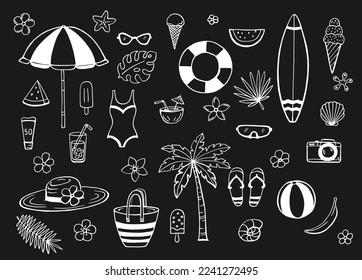 Hand drawn summer beach set. Collection of scrapbooking elements for beach party.