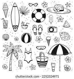 Hand drawn summer beach set. Collection of scrapbooking elements for beach party.