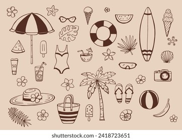 Hand drawn summer beach set. Collection of scrapbooking elements for beach party.