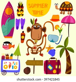 Hand drawn Summer beach set for summer vacation.Tourism,journey objects and passenger luggage-stock vector
