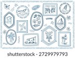 Hand drawn summer beach stamps, frames and elements. Cute coastal vacation collection of graphics. Beach houses, palm trees, lobster, boat and shells. Vector illustration set in sketch style.