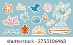 Hand drawn summer beach stickers set with surfboard, palm tree, sun and coral. Colorful retro style stickers with white outline. Vector illustration.
