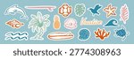Hand drawn summer beach stickers set with palm tree, dolphin, surfboard, shells and waves. Colorful retro style stickers with white outline. Vector illustration.