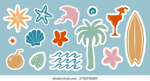 Hand drawn summer beach stickers set with surfboard, palm tree, cocktail and seashells. Colorful retro style stickers with white outline. Vector illustration.