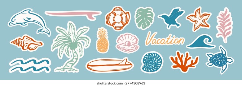 Hand drawn summer beach stickers set with palm tree, dolphin, surfboard, shells and waves. Colorful retro style stickers with white outline. Vector illustration.