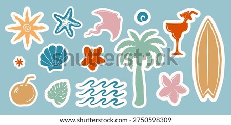 Hand drawn summer beach stickers set with surfboard, palm tree, cocktail and seashells. Colorful retro style stickers with white outline. Vector illustration.
