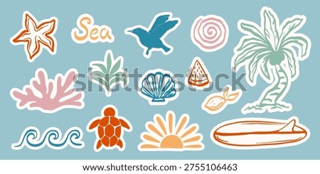 Hand drawn summer beach stickers set with surfboard, palm tree, sun and coral. Colorful retro style stickers with white outline. Vector illustration.