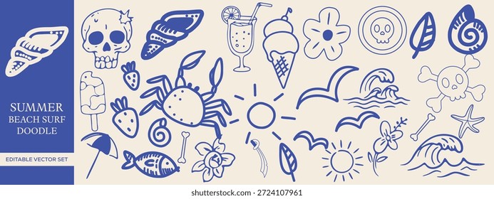 Hand Drawn Summer Beach and Surf Doodle Vector Mega Set Featuring Tropical Elements, Ocean Waves, Palm Trees, Shells, Sea Life, Sunglasses, Surfboards, Vacation Icons, and Coastal Illustrations for T Shirts, Branding, Prints, and Tropical Creative Projects 