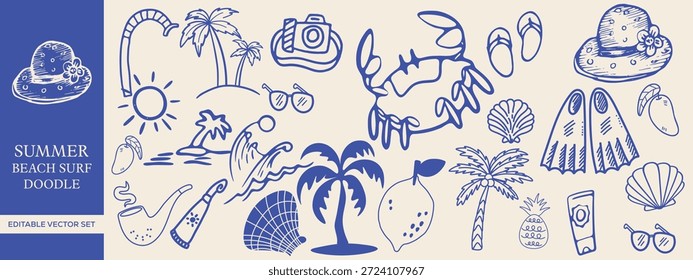 Hand Drawn Summer Beach and Surf Doodle Vector Mega Set Featuring Tropical Elements, Ocean Waves, Palm Trees, Shells, Sea Life, Sunglasses, Surfboards, Vacation Icons, and Coastal Illustrations for T Shirts, Branding, Prints, and Tropical Creative Projects 