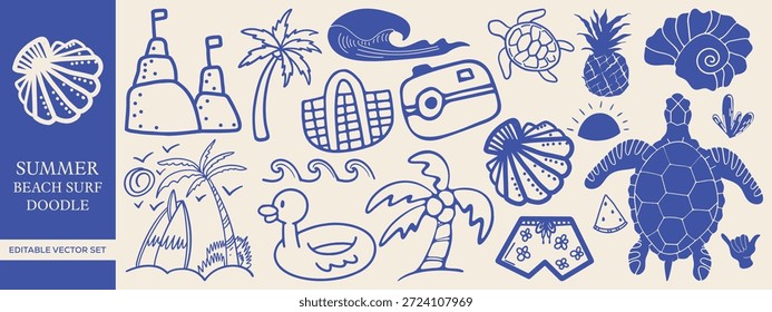 Dibujado a mano playa de verano y surf Doodle Vector Mega Set con Elementos tropicales, olas del océano, palmeras, conchas, vida marina, gafas de sol, tablas de surf, iconos de vacaciones y Ilustraciones costeras para camisetas, marcas, estampados y proyectos creativos tropicales 