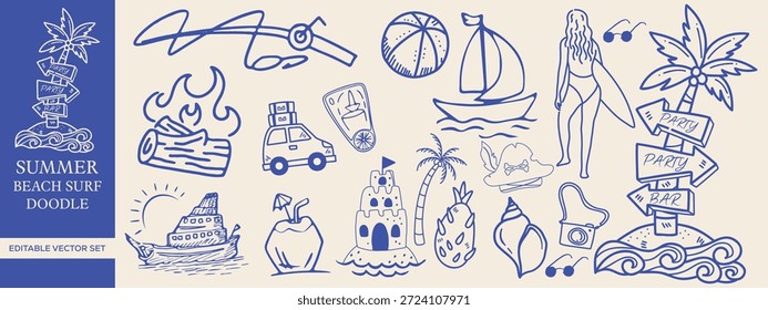 Mão desenhada Verão Praia e Surf Doodle Vetor Mega Set Apresentando Elementos Tropicais, Ondas Oceânicas, Palmeiras, Conchas, Vida do Mar, Óculos de Sol, Quadras de Surfe, Ícones de Férias, e Ilustrações Costeiras para T-Shirts, Marcas, Impressões, e Projetos Criativos Tropicais 