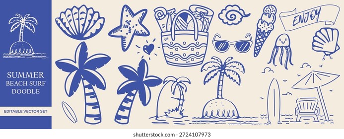 Dibujado a mano playa de verano y surf Doodle Vector Mega Set con Elementos tropicales, olas del océano, palmeras, conchas, vida marina, gafas de sol, tablas de surf, iconos de vacaciones y Ilustraciones costeras para camisetas, marcas, estampados y proyectos creativos tropicales 