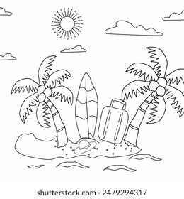 Hand drawn summer beach travel coloring page illustration