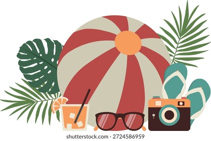 Handgezeichnete Sommer-Strandurlaub-Illustration in Retro-Farben. Gestreifter Ball, tropische Blätter, Kamera, Sonnenbrille, Flip Flops und Cocktail im flachen Stil. Vektorgrafik im Vintage-Stil