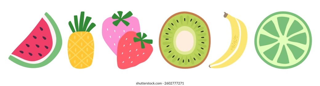 Hand drawn summer berries and fruits. Summer fruits banana, strawberry, pineapple, watermelon, kiwi and lime. Vector.