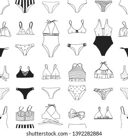 Hand drawn summer bikini illustration. Actual tropical vector seamless background. Artistic doodle drawing pattern. Creative ink art work