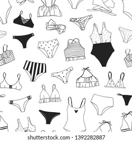 Hand drawn summer bikini illustration. Actual tropical vector seamless background. Artistic doodle drawing pattern. Creative ink art work