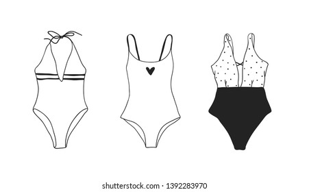 Hand drawn summer bikini illustration. Actual tropical vector background. Artistic doodle drawing pattern. Creative ink art work