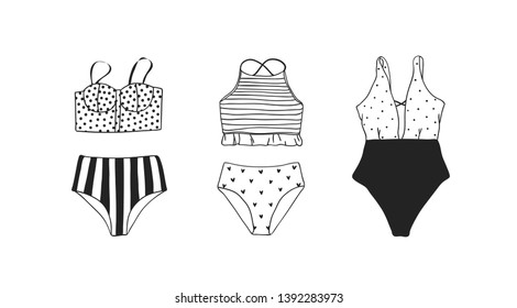 Hand drawn summer bikini illustration. Actual tropical vector background. Artistic doodle drawing pattern. Creative ink art work