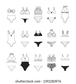 Hand drawn summer bikini illustration. Actual tropical vector background. Artistic doodle drawing pattern. Creative ink art work