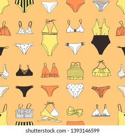 Hand drawn summer bikini illustration. Actual tropical vector seamless background. Artistic doodle drawing pattern. Creative ink art work