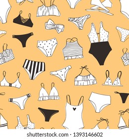 Hand drawn summer bikini illustration. Actual tropical vector seamless background. Artistic doodle drawing pattern. Creative ink art work