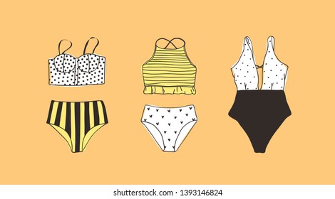 Hand drawn summer bikini illustration. Actual tropical vector background. Artistic doodle drawing. Creative ink art work