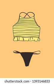 Hand drawn summer bikini illustration. Actual tropical vector background. Artistic doodle drawing. Creative ink art work