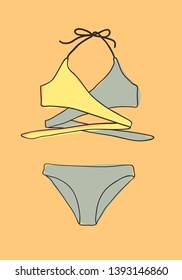 Hand drawn summer bikini illustration. Actual tropical vector background. Artistic doodle drawing. Creative ink art work