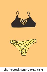 Hand drawn summer bikini illustration. Actual tropical vector background. Artistic doodle drawing. Creative ink art work
