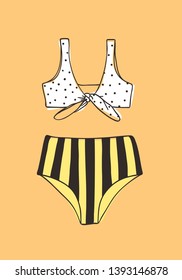 Hand drawn summer bikini illustration. Actual tropical vector background. Artistic doodle drawing. Creative ink art work