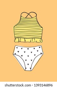 Hand drawn summer bikini illustration. Actual tropical vector background. Artistic doodle drawing. Creative ink art work