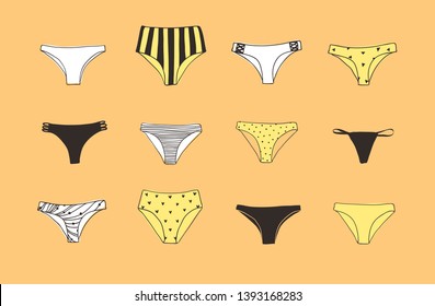 Hand drawn summer bikini illustration. Actual tropical vector background. Artistic doodle drawing. Creative ink art work