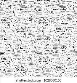 Hand drawn summer black and white seamless pattern with palm rees, sea, clouds and birds. Hello Summer Beach Party brush hand lettering. Vector illustration