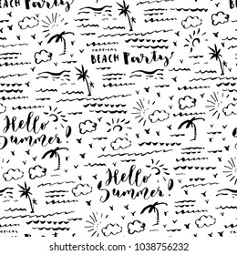 Hand drawn summer black and white seamless pattern with palm rees, sea, clouds and birds. Hello Summer Beach Party brush hand lettering. Vector illustration