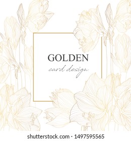 Hand drawn summer bouquet: golden amarilis, line art. Hand painted flowers isolated on white background for design, print or fabric.