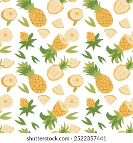 Hand drawn summer bright abstract fruit pattern with pineapple plant parts and sliced. Seamless pattern for textile, wrapping paper, posters. Fashion textures.