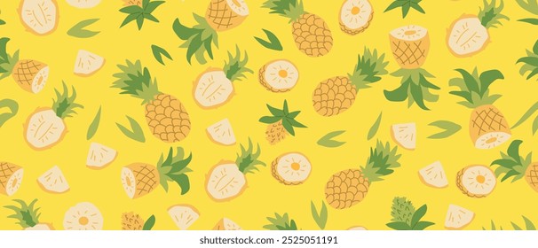Hand drawn summer bright abstract fruit pattern with pineapple plant parts and sliced. Seamless pattern for textile, wrapping paper, posters. Fashion textures.
